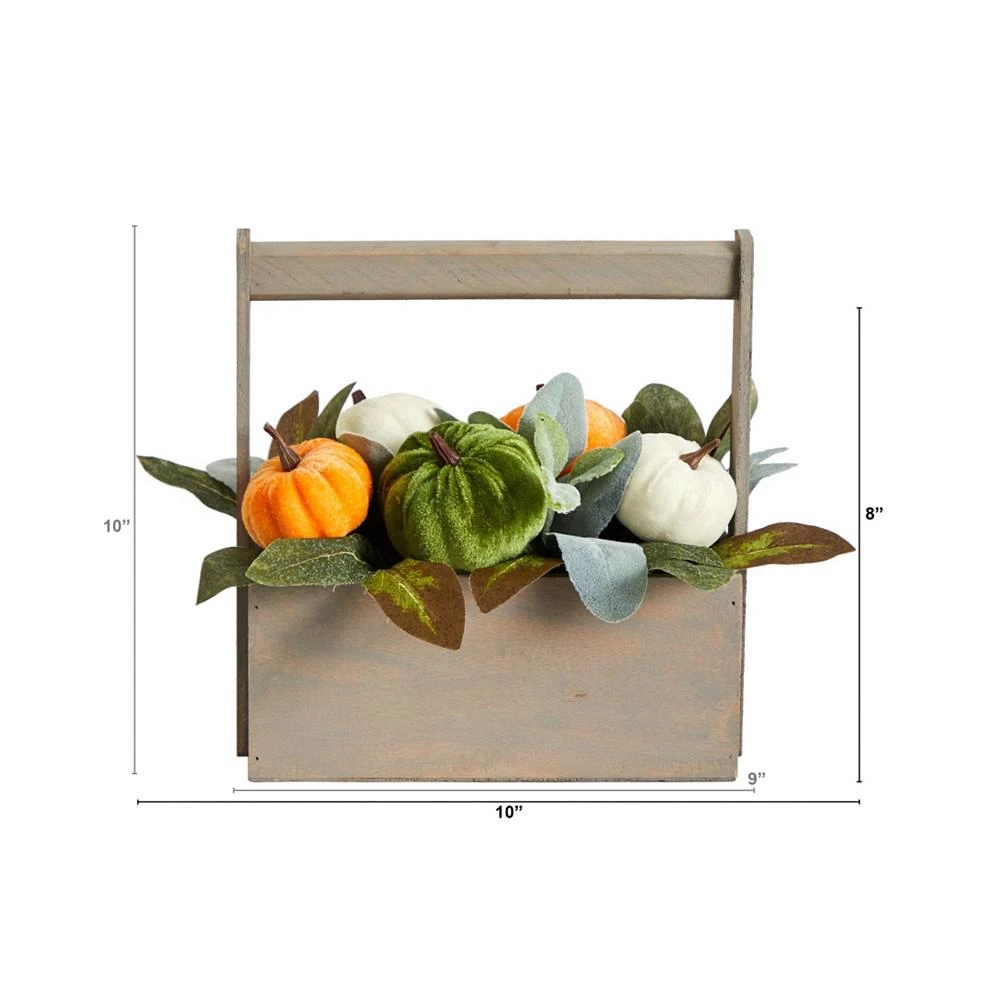 商品NEARLY NATURAL|10" Fall Pumpkin Artificial Autumn Arrangement in Wood Basket,价格¥315,第2张图片详细描述