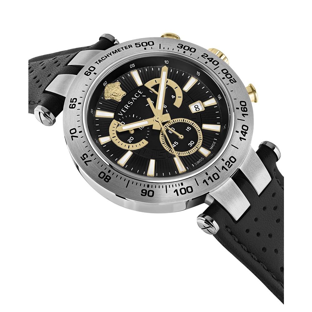 Men's Swiss Chronograph Bold Black Perforated Leather Strap Watch 46mm商品第3张图片规格展示
