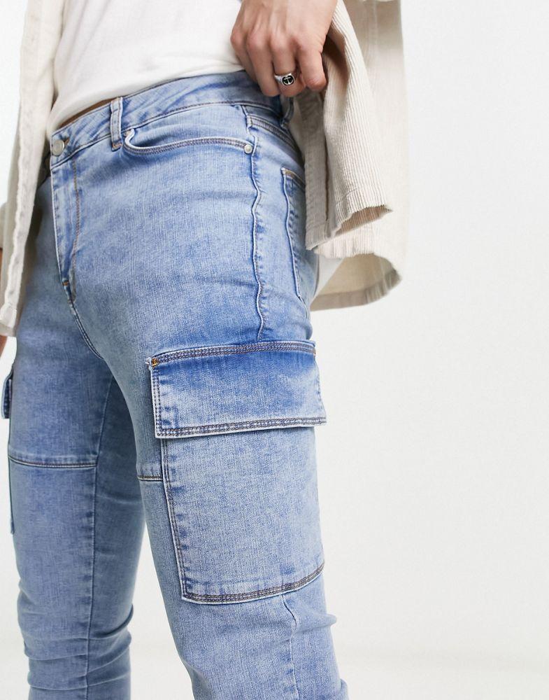 ASOS DESIGN spray on jeans with power stretch in midwash blue with cargo detail商品第3张图片规格展示