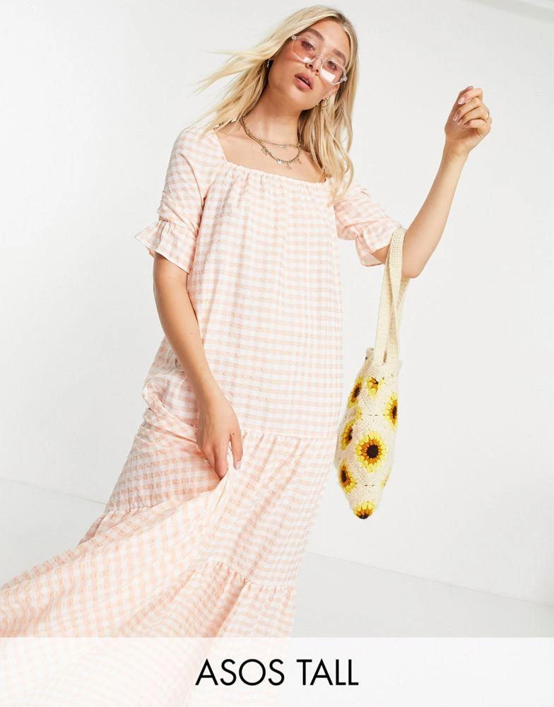 商品ASOS|ASOS DESIGN Tall tiered maxi smock dress in peach gingham,价格¥135,第1张图片