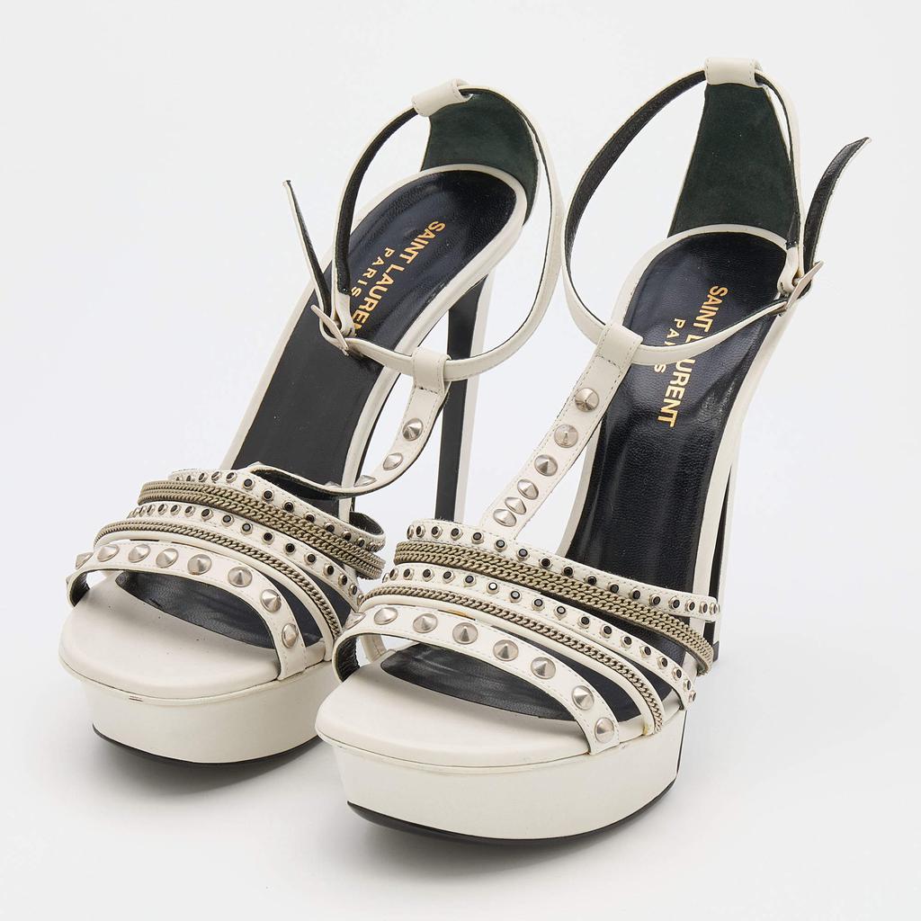 Saint Laurent White Leather Alice Studded Platform Sandals Size 39.5商品第2张图片规格展示