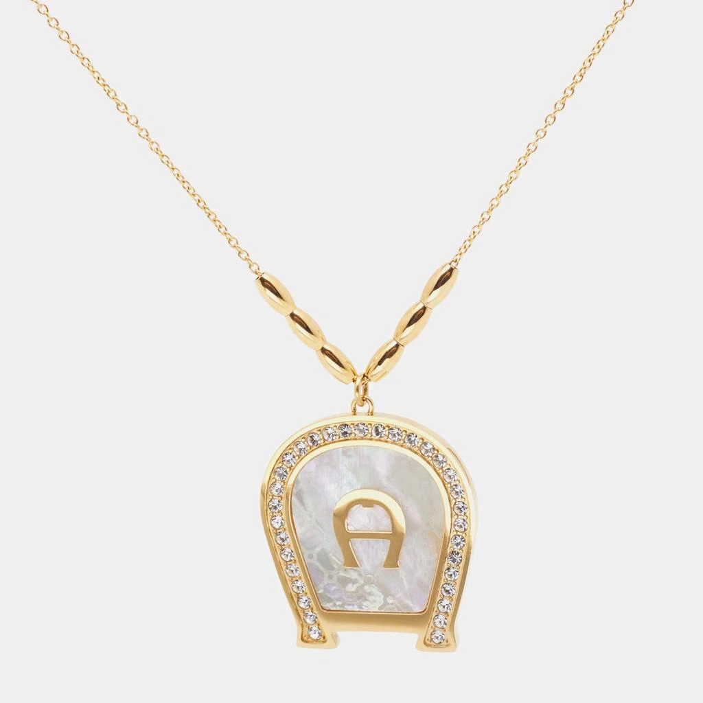 商品[二手商品] Aigner|Aigner Gold Tone Crystal Mother of Pearl A Logo Pendant Necklace,价格¥1000,第1张图片