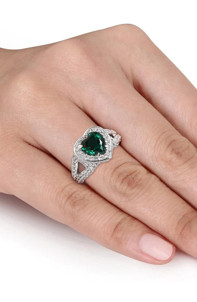 商品DELMAR|Sterling Silver Created Emerald & Created White Sapphire Heart Halo Ring,价格¥1312,第2张图片详细描述