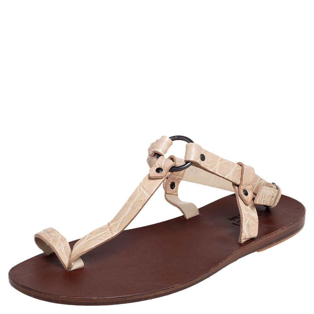 商品[二手商品] Gucci|Gucci Light Cream Crocodile Toe Ring Sling Buckle Flat Sandals Size 41,价格¥1371,第1张图片