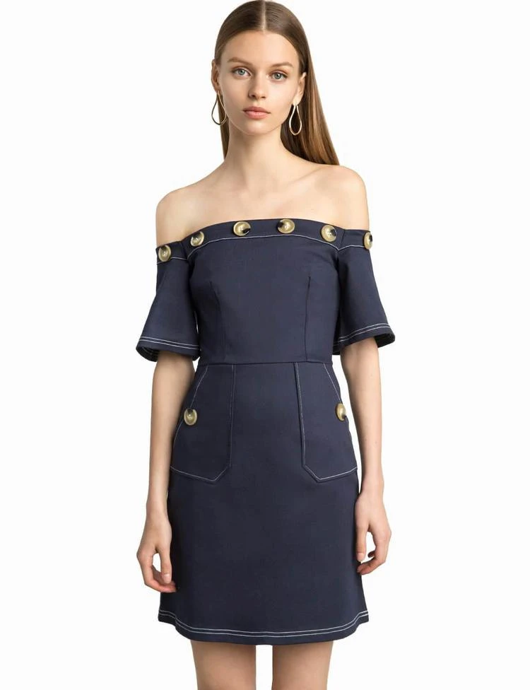 Leah Navy Button Off The Shoulder Dress 商品