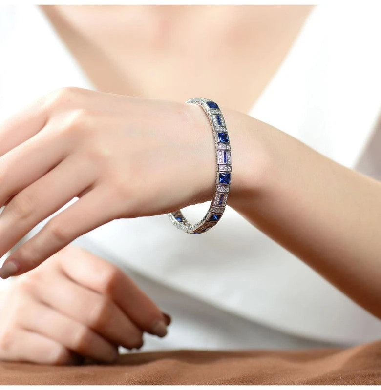 商品Genevive|Sterling Silver White Gold Plated with Colored Cubic Zirconia Tennis Bracelet,价格¥831,第3张图片详细描述