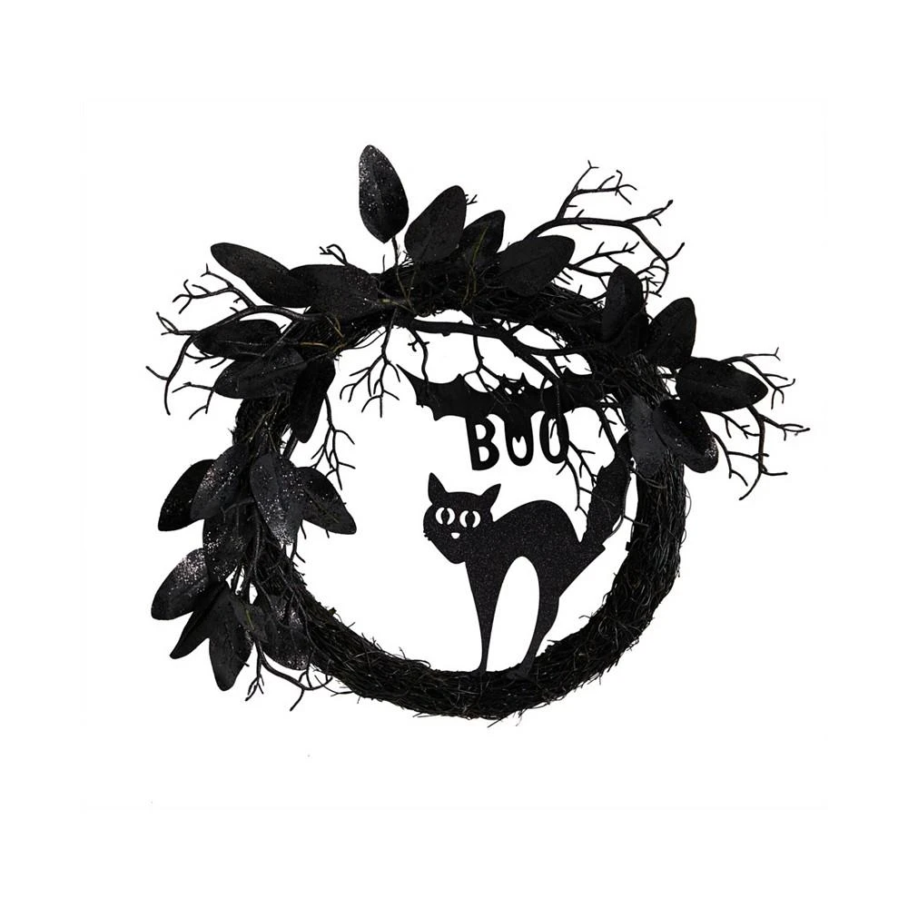 商品NEARLY NATURAL|22" Halloween Black Cat and Bat Boo Twig Wreath,价格¥484,第1张图片