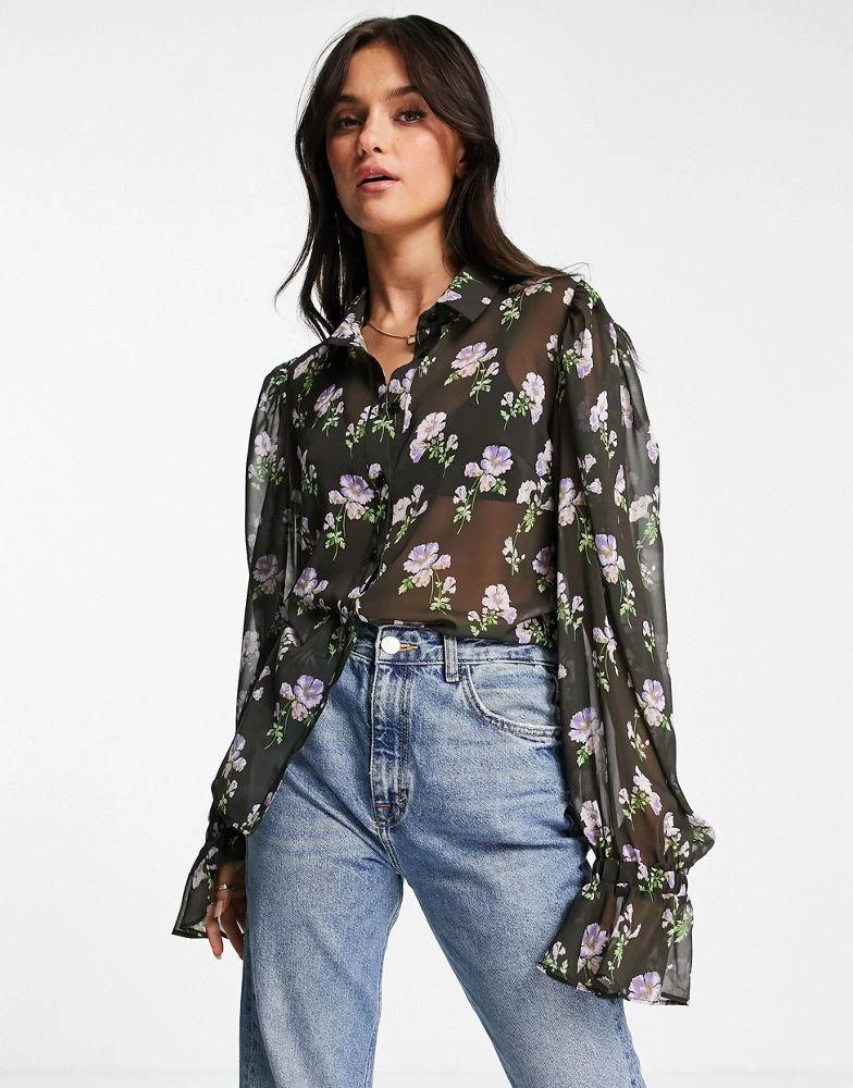 商品ASOS|ASOS DESIGN volume sleeved shirt with frill cuffs in purple floral print,价格¥110,第1张图片