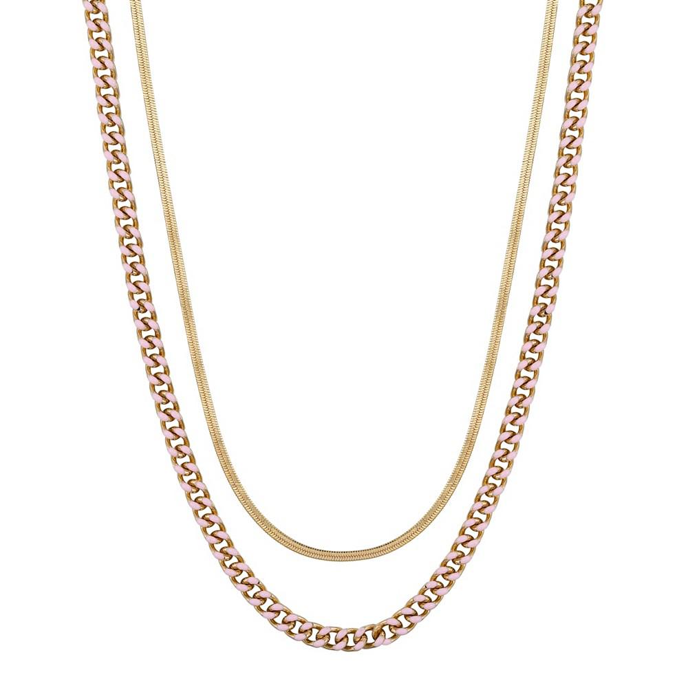 14K Gold Flash-Plated Light Pink Enamel Curb Chain and Herringbone  Chain Necklace Set商品第1张图片规格展示