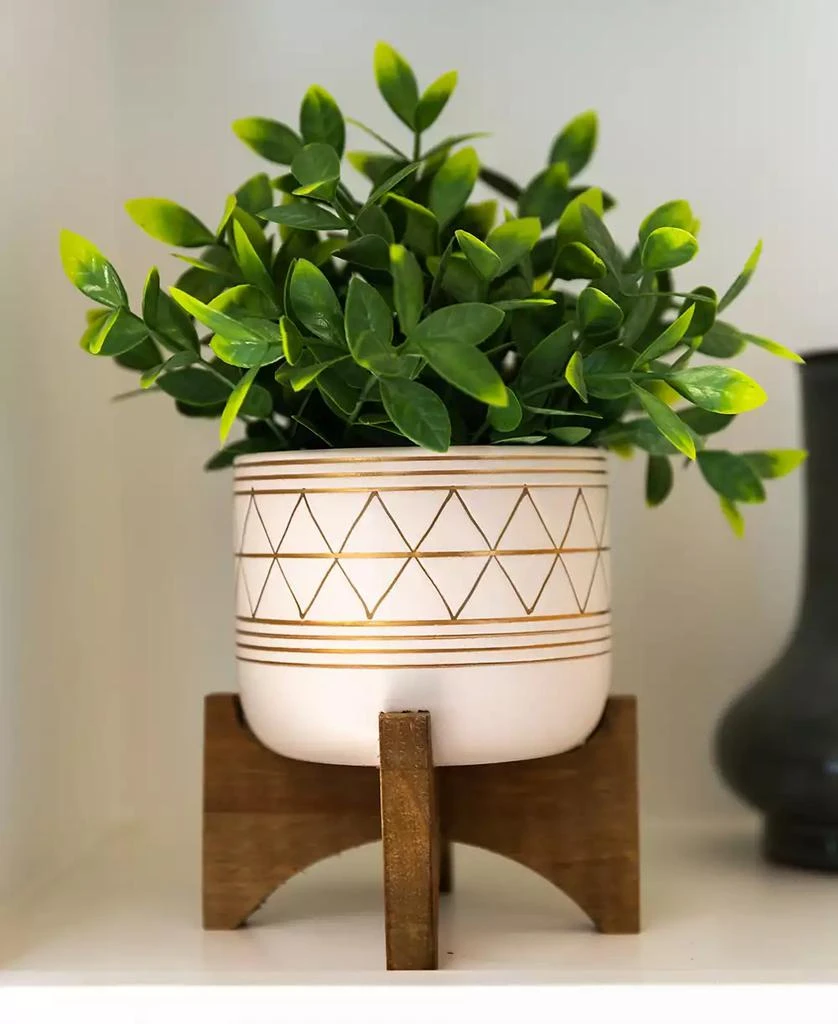 商品Flora Bunda|11" Artificial Tea Leaf in 5" Geo Ceramic Footed Pot on Wood Stand,价格¥276,第2张图片详细描述