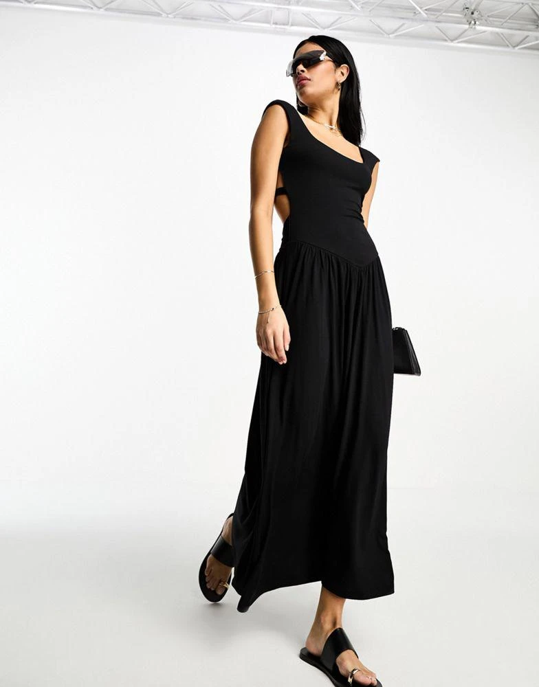 商品ASOS|ASOS DESIGN crossed back capped sleeve midi dress with volume skirt in black,价格¥205,第3张图片详细描述