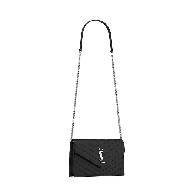 【预售3-7天】圣罗兰 YSL 女士黑色小牛皮粒面压纹翻盖银色徽标绗缝信封链式钱包695108BOW021000 商品