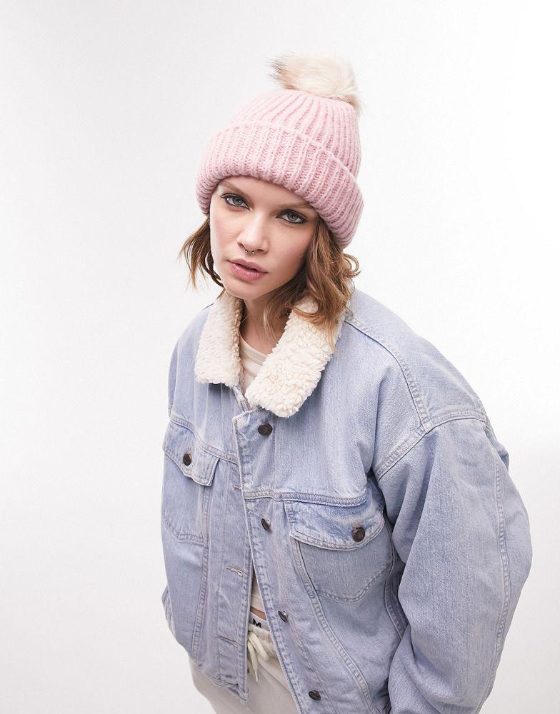 商品Topshop|Topshop knitted fur pom pom beanie in dusky pink,价格¥124,第6张图片详细描述