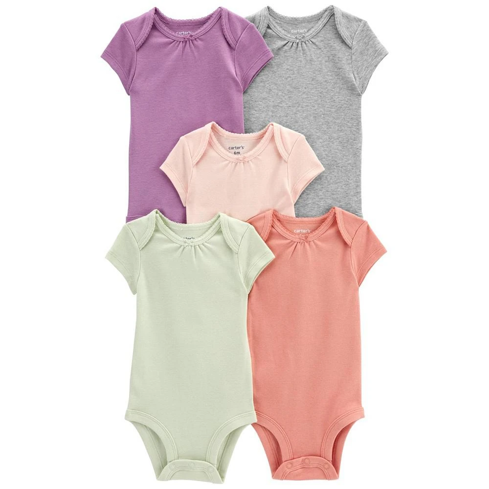 商品Carter's|Baby Girls Short Sleeve Solid Bodysuits, Pack of 5,价格¥133,第1张图片