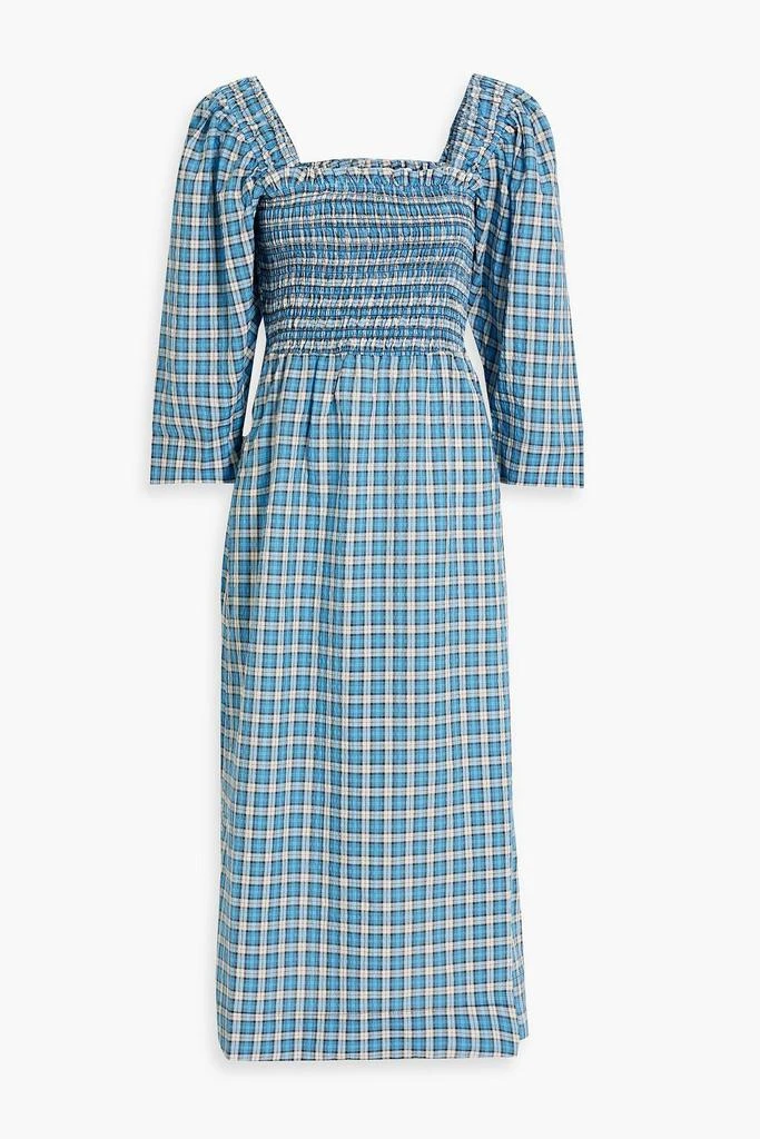 商品Ganni|Shirred checked cotton-blend seersucker midi dress,价格¥486,第1张图片