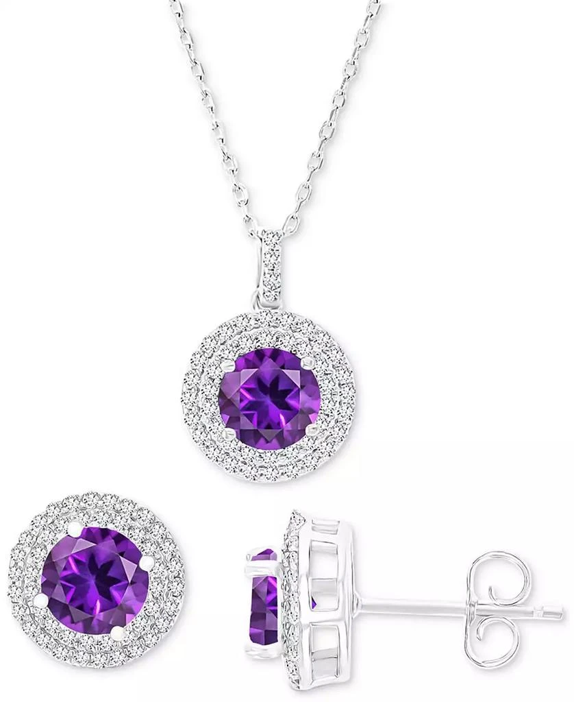 商品Macy's|2-Pc. Set Amethyst (2-5/8 ct. t.w.) & Lab-Grown White Sapphire (1 ct. t.w.) Halo Pendant Necklace & Matching Stud Earrings in Sterling Silver,价格¥684,第1张图片