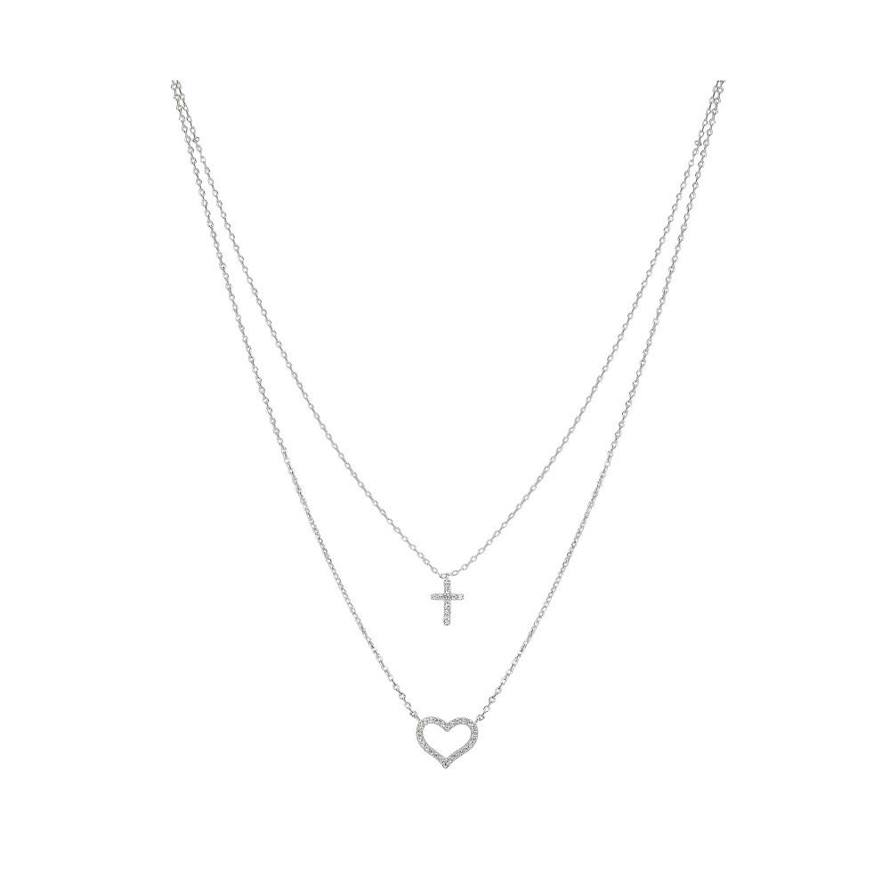 Fine Silver Plated Cubic Zirconia Cross and Heart Layered Pendant Necklace商品第1张图片规格展示