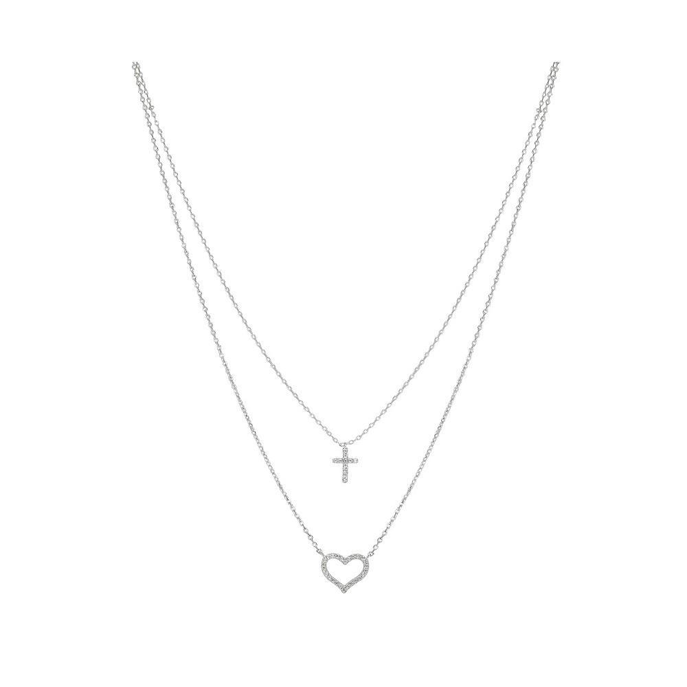 商品Unwritten|Fine Silver Plated Cubic Zirconia Cross and Heart Layered Pendant Necklace,价格¥323,第1张图片