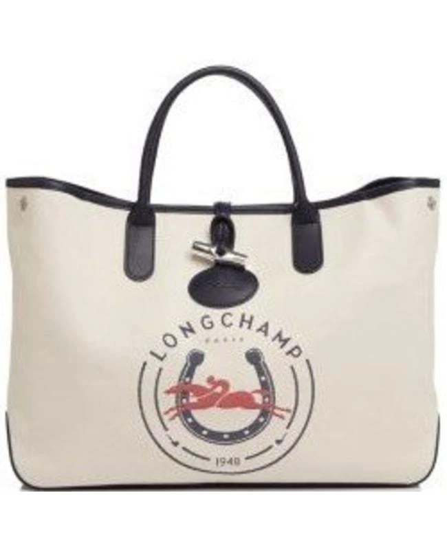 商品Longchamp|Longchamp Roseau Sweet Large Tan, Navy and Red Women's Tote Bag L1681643733,价格¥1831,第1张图片