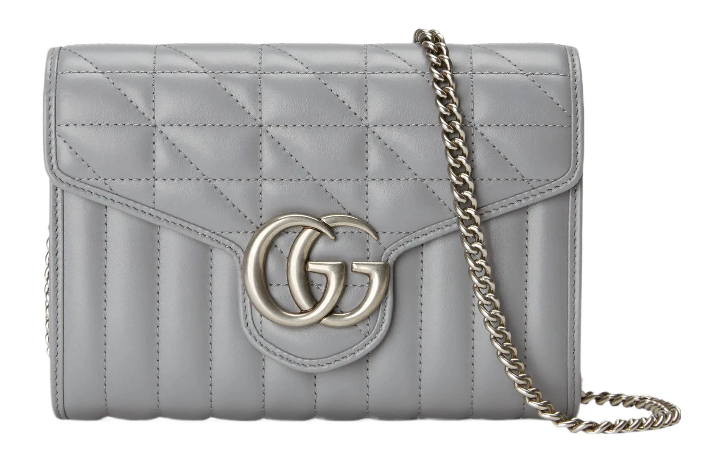 商品[国内直发] Gucci|古驰 GG Marmont系列 马蒙银标磨砂Logo竖条斜纹链条 绗缝皮革 信封包单肩斜挎包 迷你 女款 灰色,价格¥11971,第1张图片