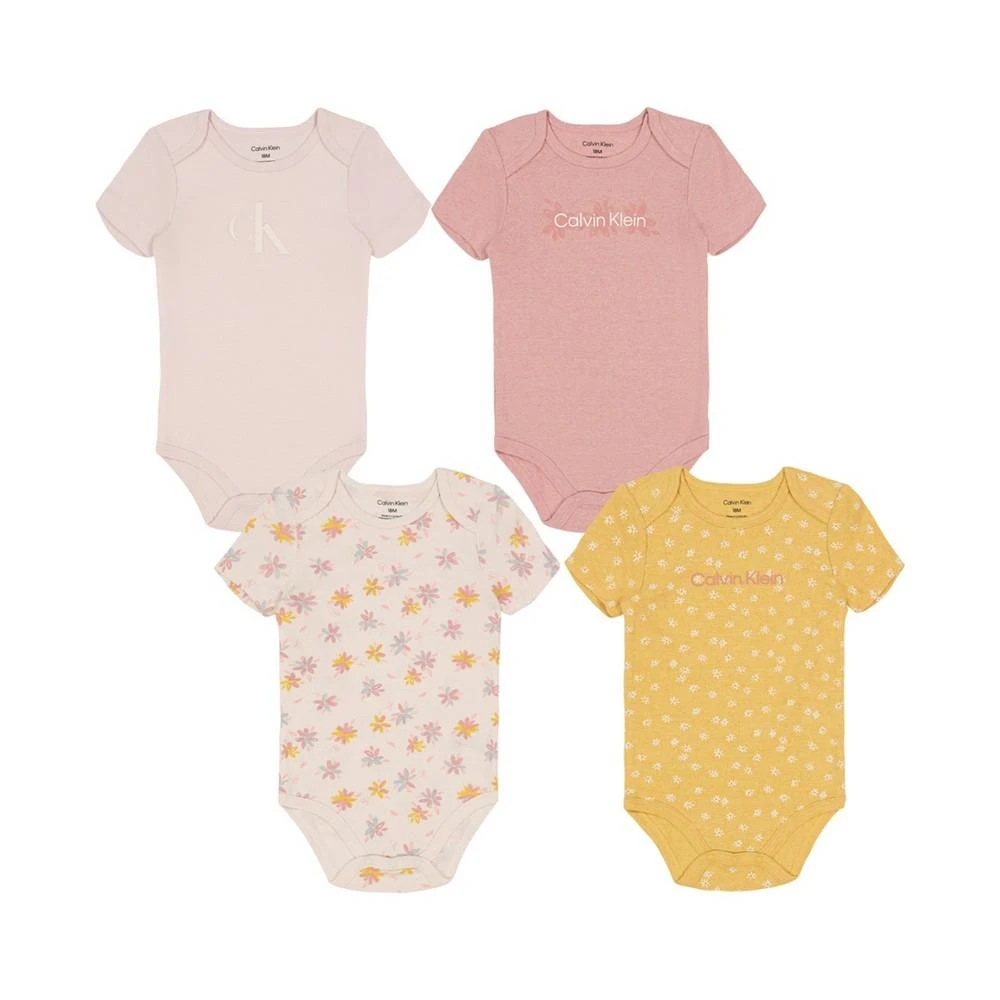 商品Calvin Klein|Baby Girls Floral Short Sleeved Bodysuits, Pack of 4,价格¥198,第1张图片