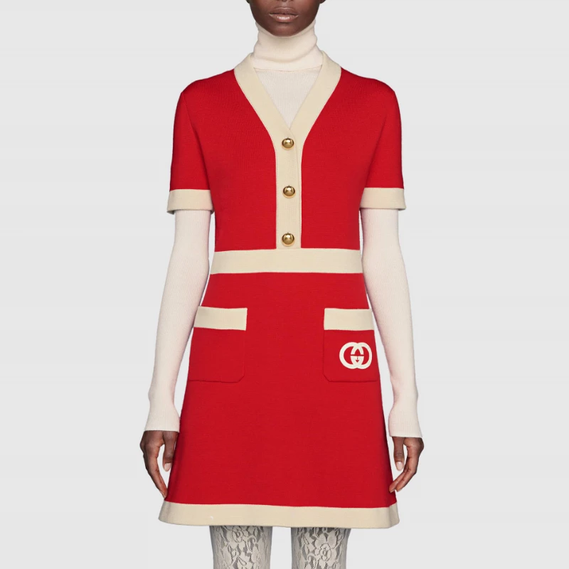商品Gucci|【预售3-7天】GUCCI/古驰  女士羊毛GG红色连衣裙 606017 XKA4A 6367,价格¥11231,第4张图片详细描述