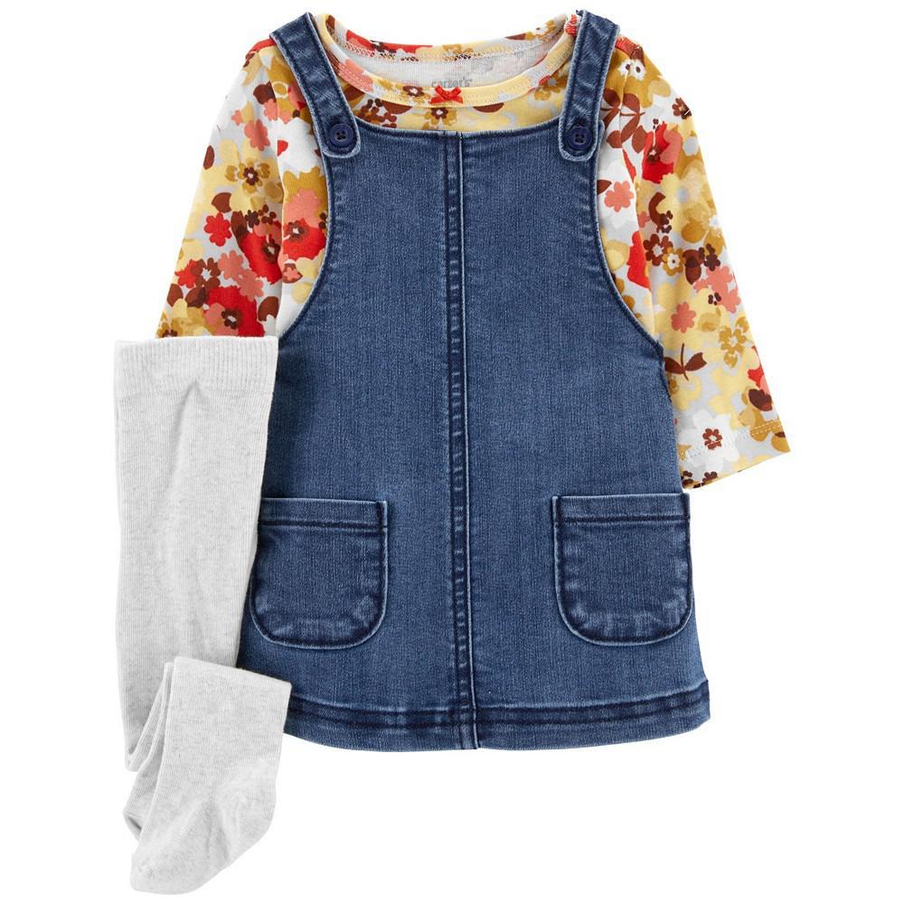 商品Carter's|Baby Girls Floral T-shirt, Denim Jumper and Tights, 3 Piece Set,价格¥133,第1张图片