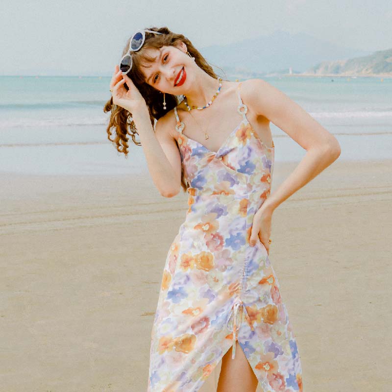 Neesha抽象油画 月季印花侧开衩法式吊带连衣裙 | Neesha Dress - Watercolor商品第3张图片规格展示