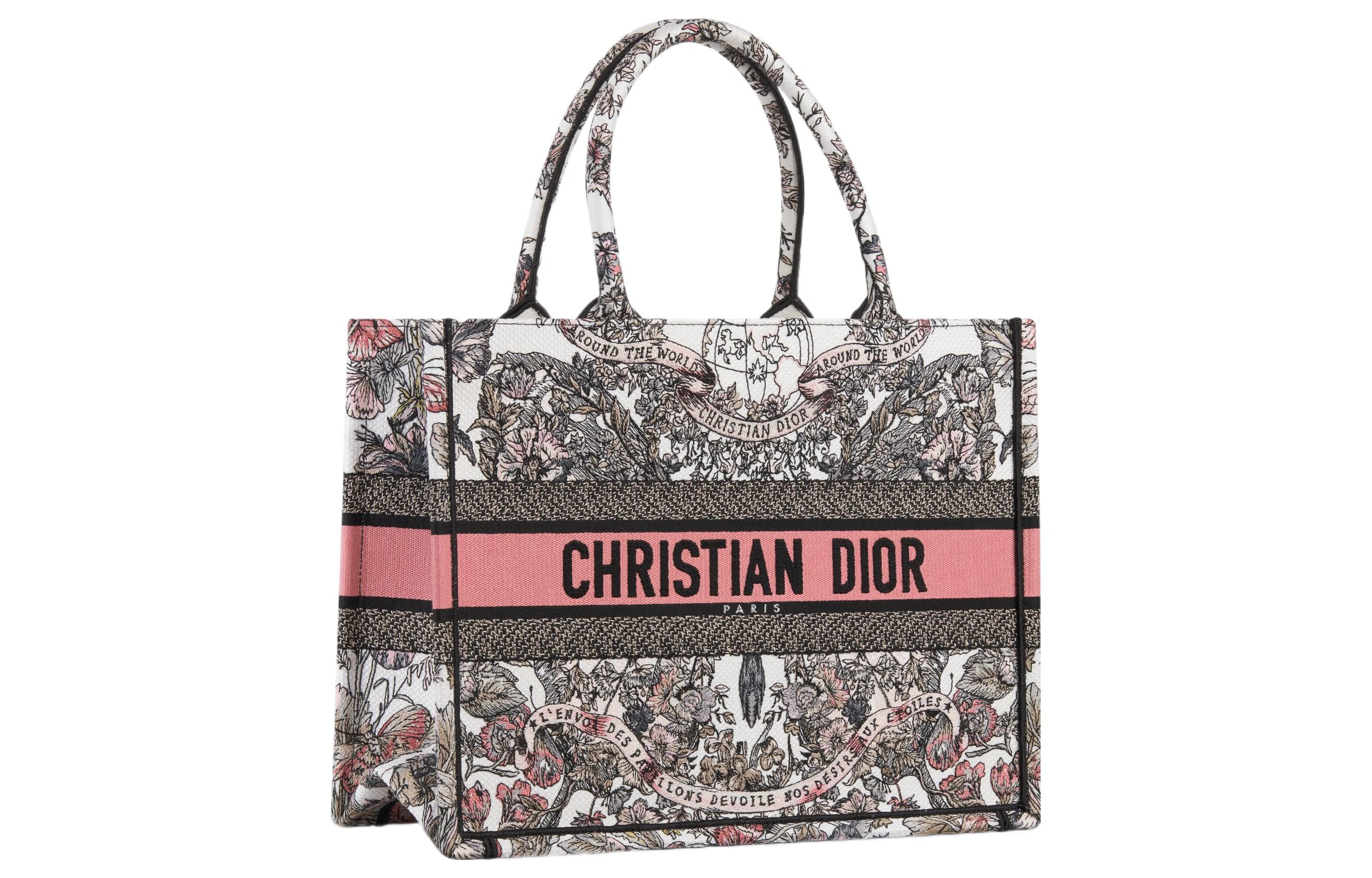 商品[国内直发] Dior|迪奥 Book Tote Butterfly Around The World 图案 刺绣 托特包Tote包购物袋手提包 中号 女款 白色拼淡粉色,价格¥22853,第3张图片详细描述