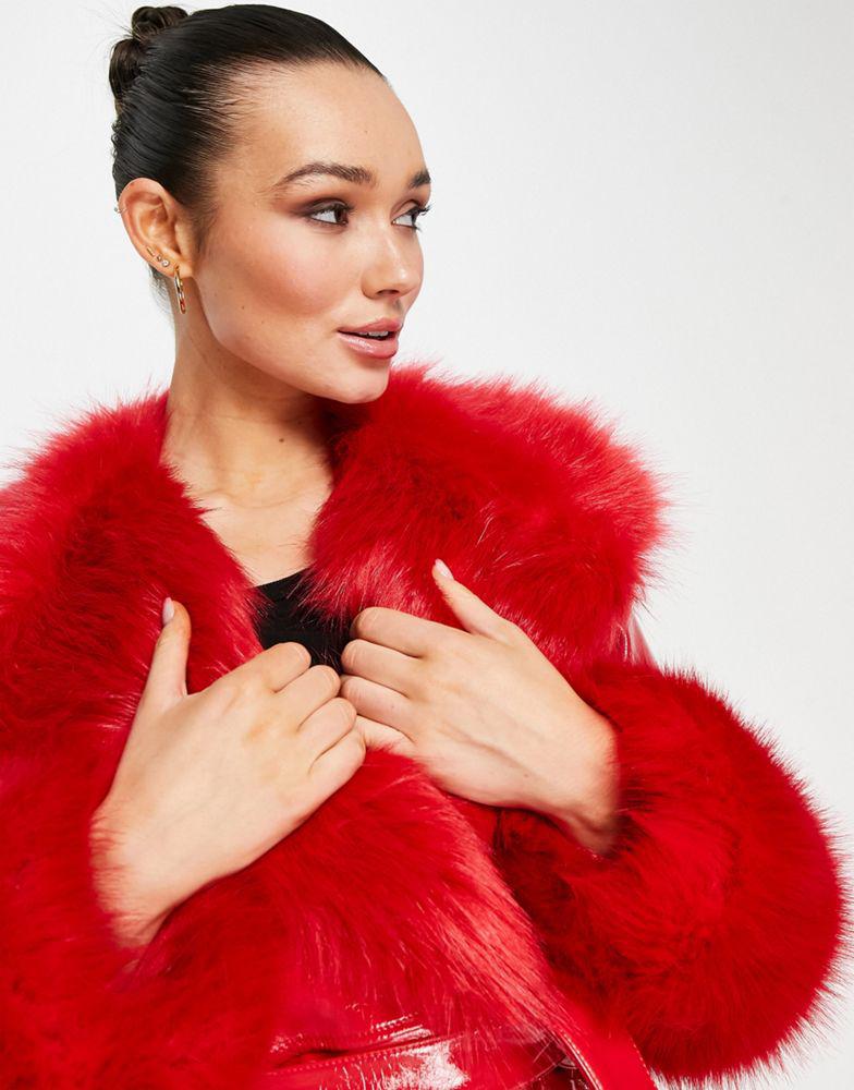 Topshop long PU coat with faux fur trim in red商品第3张图片规格展示