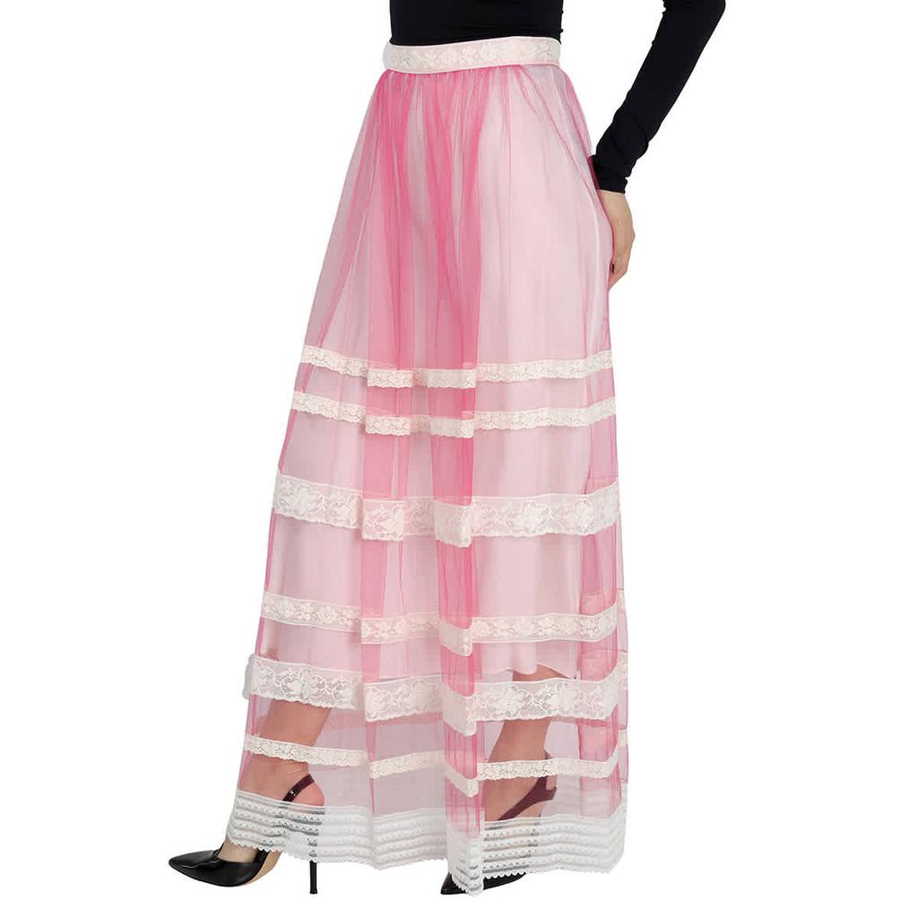 Ladies Bright Pink Floral Lace-trim Tulle Maxi Skirt商品第2张图片规格展示