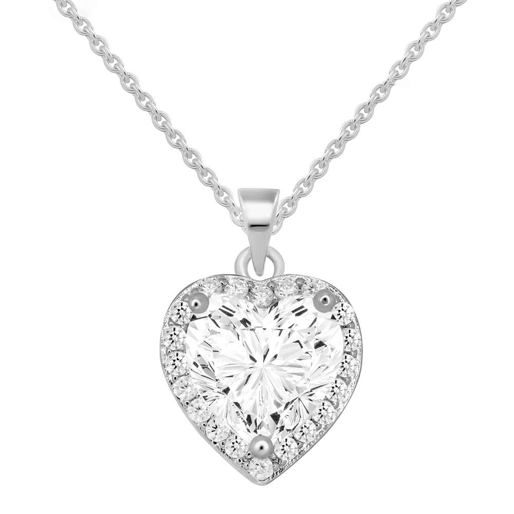 Cubic Zirconia Heart Halo Pendant Necklace, 16" + 2" extender in Silver or Gold Plate商品第1张图片规格展示