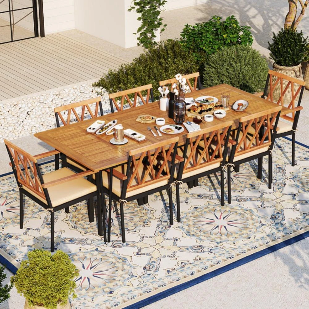 商品Hivvago|Acacia Wood Outdoor Furniture Set 9 Pieces Patio Dining Set with 8 Chairs,价格¥6229,第2张图片详细描述