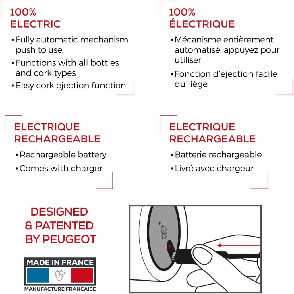 商品Peugeot|Elis Electric Rechargeable Bottle Opener, Stainless Steel, 8 Inch,价格¥718,第4张图片详细描述