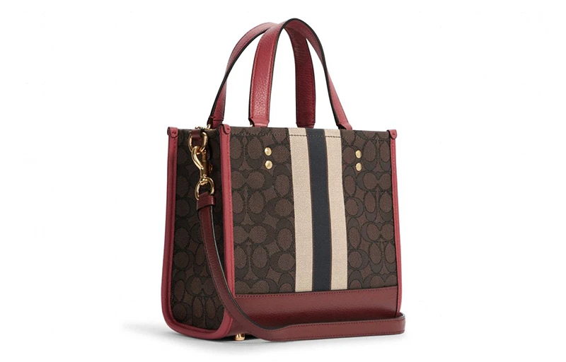 商品[国内直发] Coach|蔻驰 Dempsey 22 经典老花 帆布配皮 帆布包托特包Tote包购物袋斜挎手提包 小号 女款 深棕拼红色,价格¥2085,第3张图片详细描述