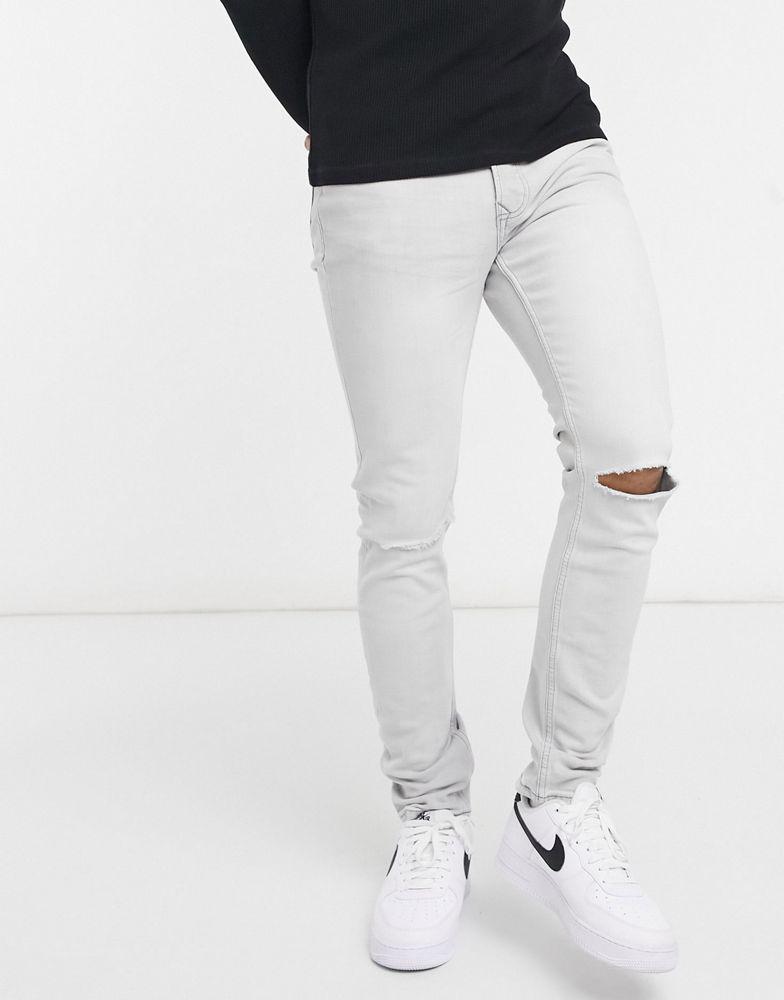 Topman knee ripped skinny jeans in grey商品第4张图片规格展示