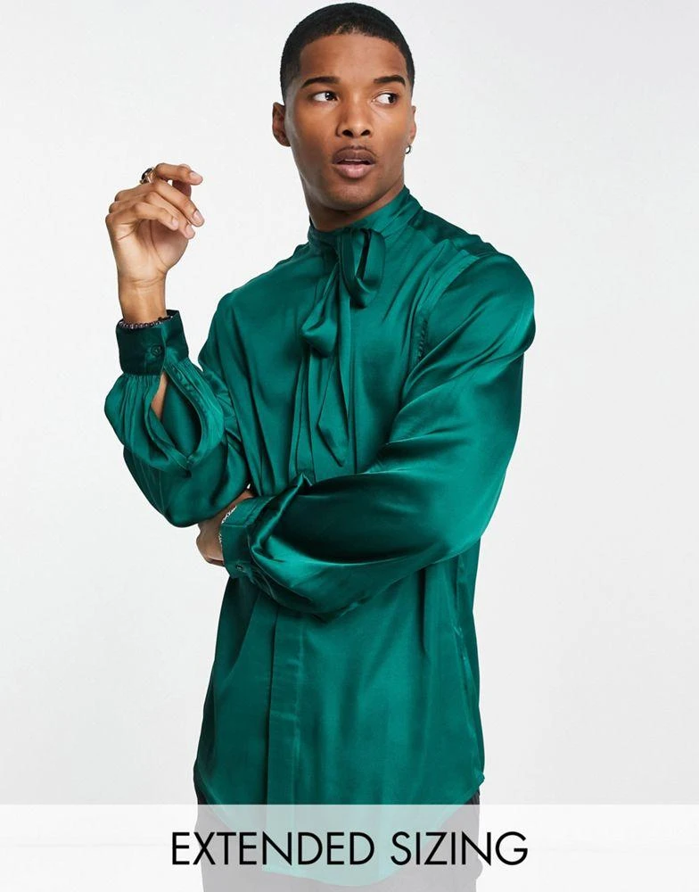 商品ASOS|ASOS DESIGN satin shirt with tie neck and blouson volume sleeve in jewel green,价格¥168,第1张图片