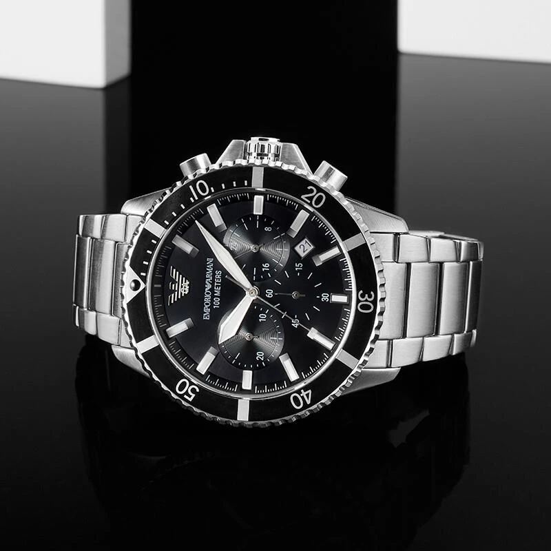  阿玛尼手表綠水鬼夜光100米防水钢带潜水石英表AR11360 商品