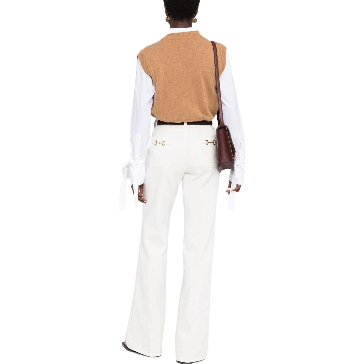 商品[国内直发] Gucci|FW22 纯色马衔扣缀饰喇叭休闲裤 女款 白色,价格¥6641,第3张图片详细描述