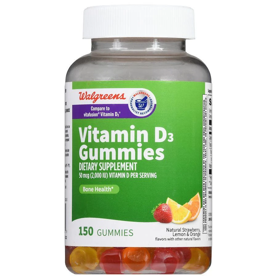 商品Walgreens|Vitamin D3 50 mcg (2000 IU) Gummies (150 days) Natural Strawberry, Lemon and Orange,价格¥98,第2张图片详细描述