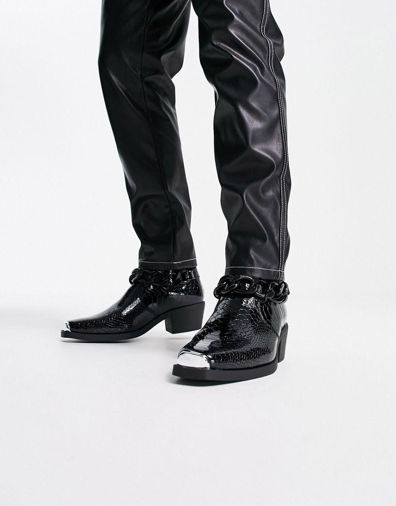 ASOS DESIGN cuban chelsea boot in black patent lizard faux leather with black chain商品第4张图片规格展示