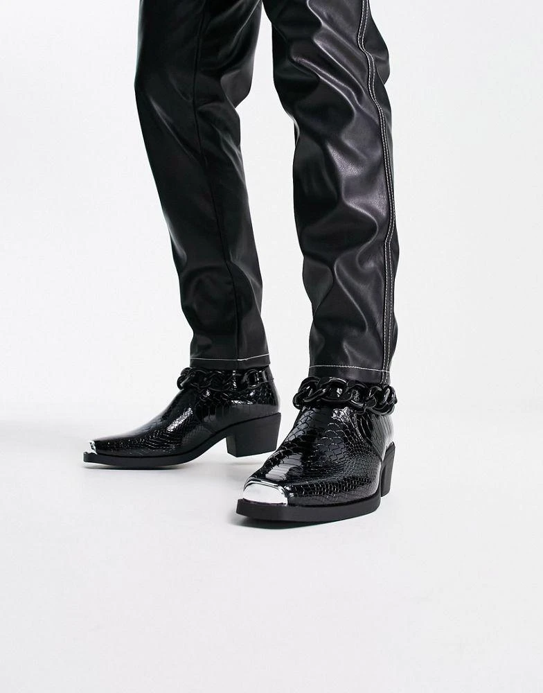 商品ASOS|ASOS DESIGN cuban chelsea boot in black patent lizard faux leather with black chain,价格¥337,第4张图片详细描述