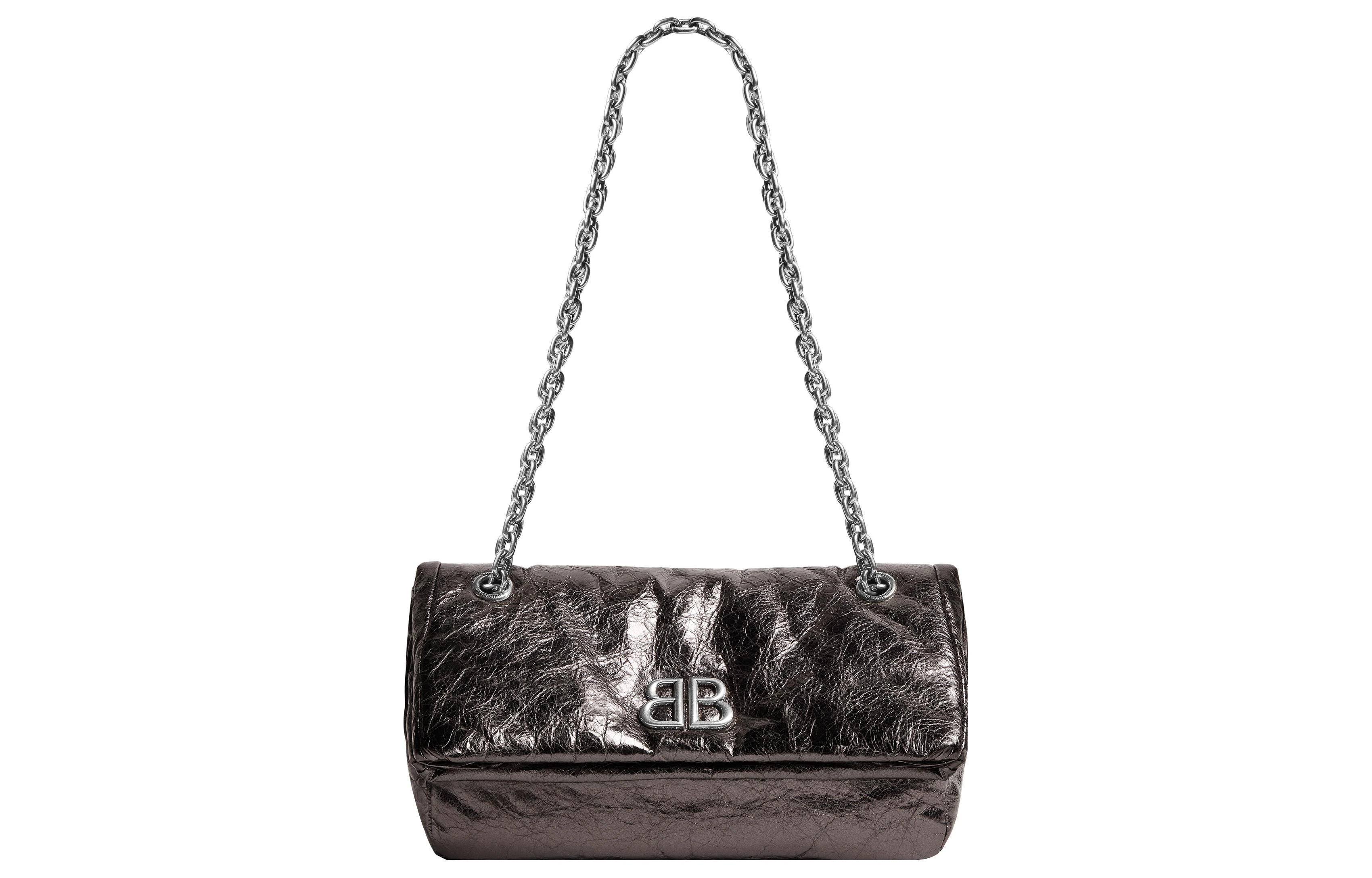 商品[国内直发] Balenciaga|巴黎世家 Monaco 做旧银色BB徽标翻盖闭合 Arena小牛皮 链条包手提单肩包 小号 女款 深灰色,价格¥15811,第6张图片详细描述