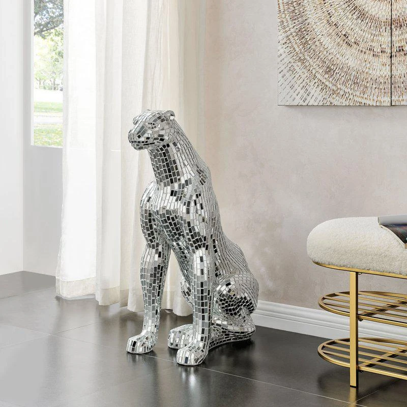 商品Finesse Decor|Boli Sitting Panther Sculpture Glass And Chrome,价格¥5663,第2张图片详细描述