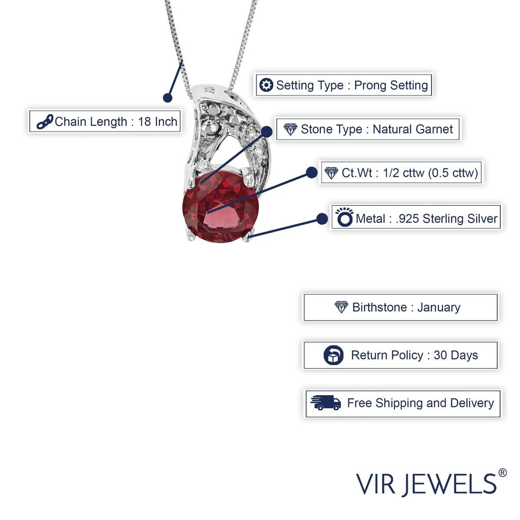 1/2 cttw Pendant Necklace, Garnet Pendant Necklace for Women in .925 Sterling Silver with Rhodium, 18 Inch Chain, Prong Setting 商品