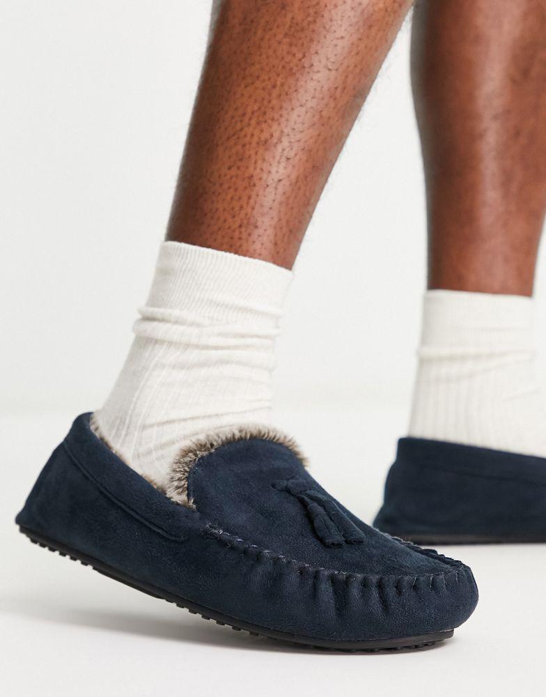 ASOS DESIGN moccasin slippers in navy with faux fur lining商品第4张图片规格展示