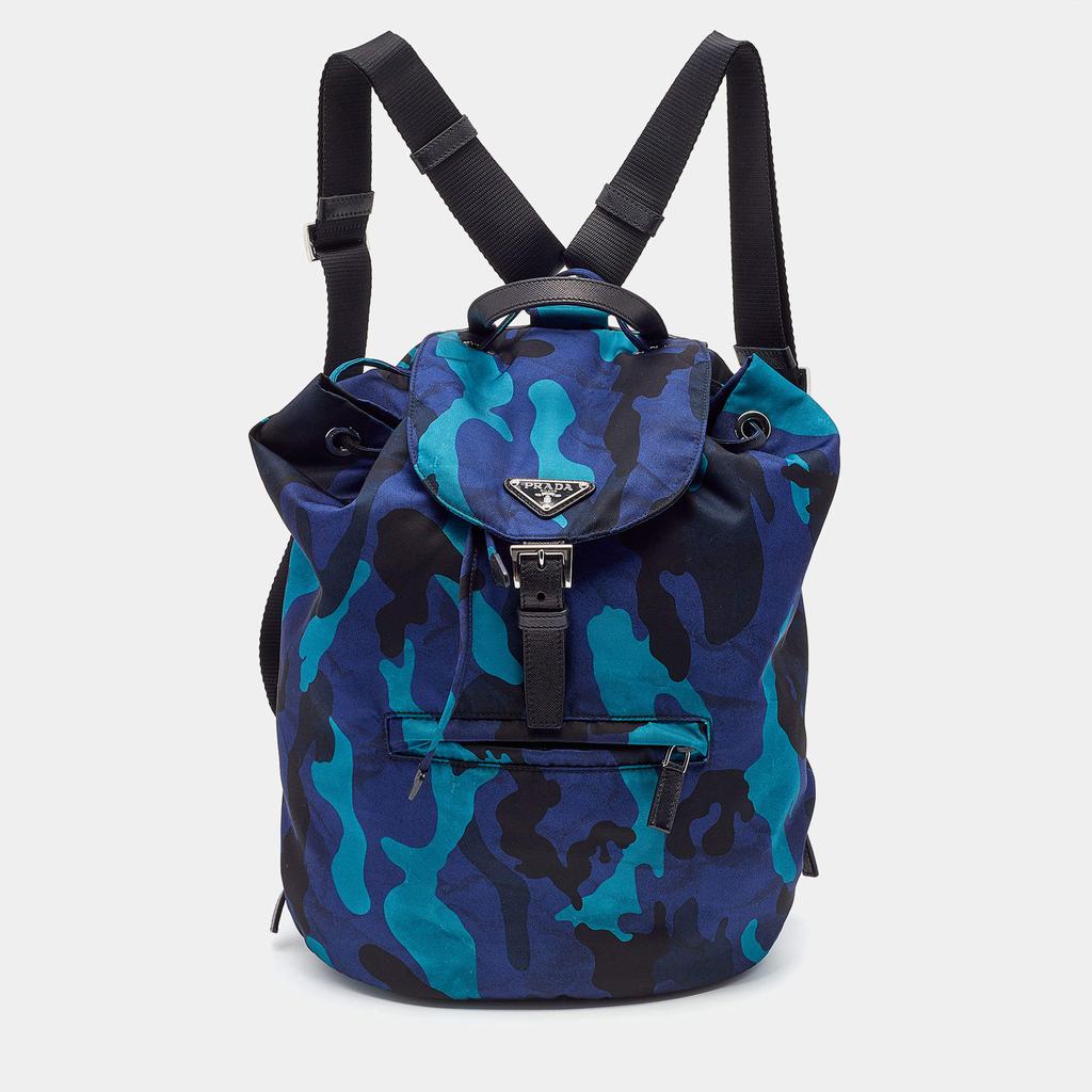 Prada Blue/Black Camouflage Printed Nylon And Leather Tessuto Backpack商品第1张图片规格展示