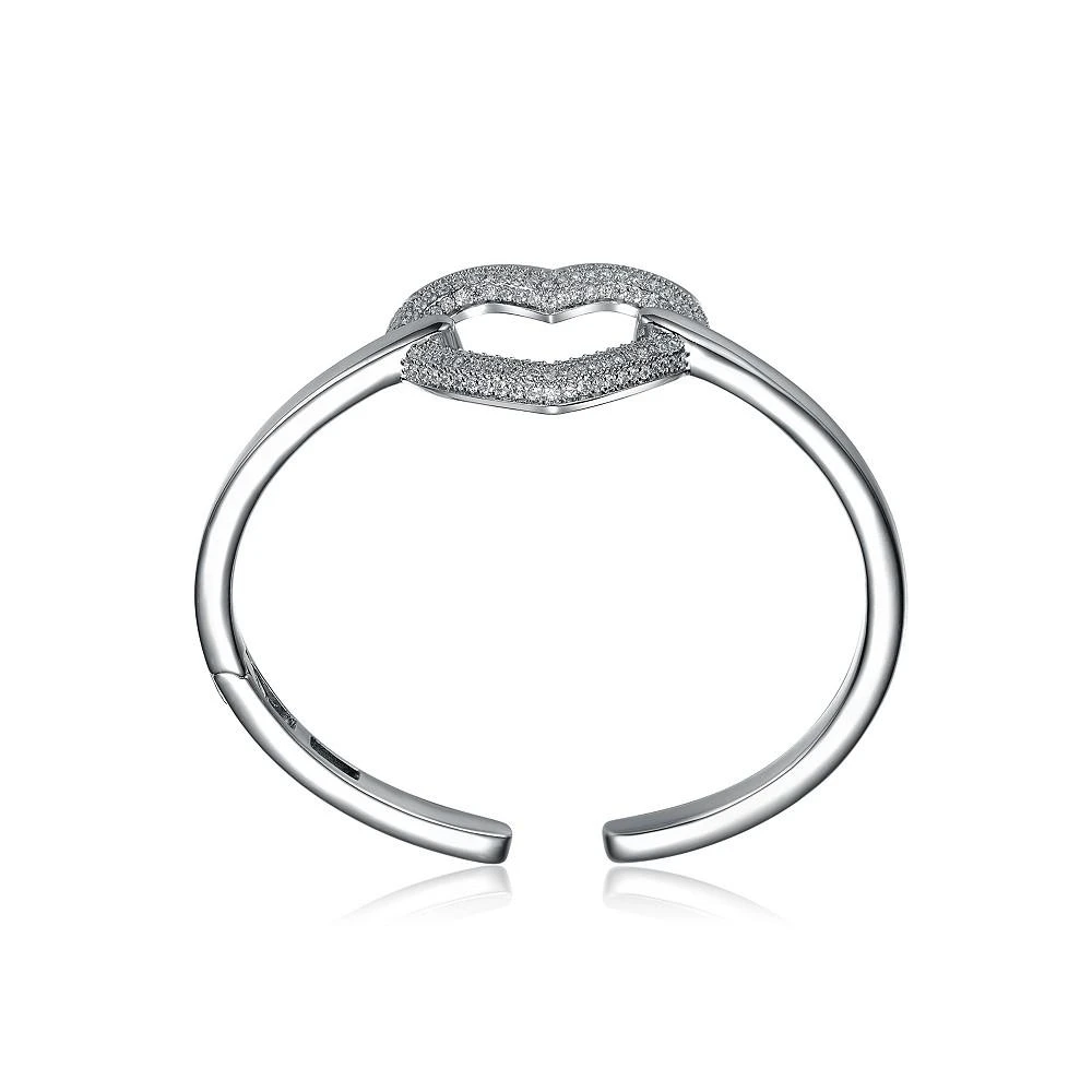 商品Genevive|White Gold Plated Sterling Silver with  Cubic Zirconia French Pave Heart Halo Bracelet,价格¥625,第2张图片详细描述