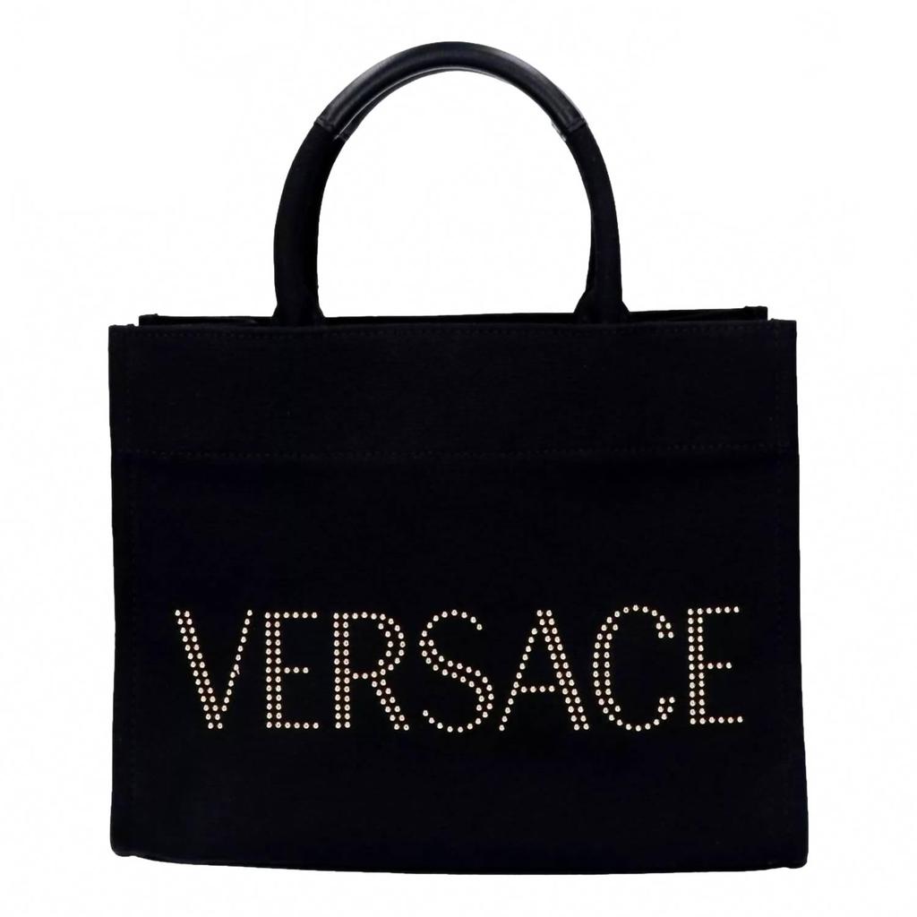 Mini borsa tote da donna in tela nera con logo e borchie. image 2