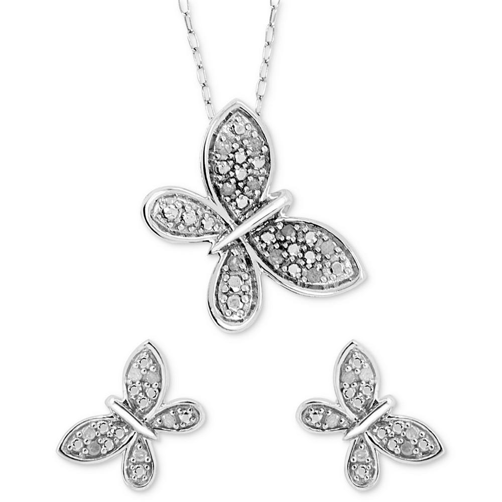商品Macy's|2-Pc. Set Diamond Butterfly Pendant Necklace & Matching Stud Earrings (1/6 ct. t.w.) in Sterling Silver,价格¥932,第1张图片